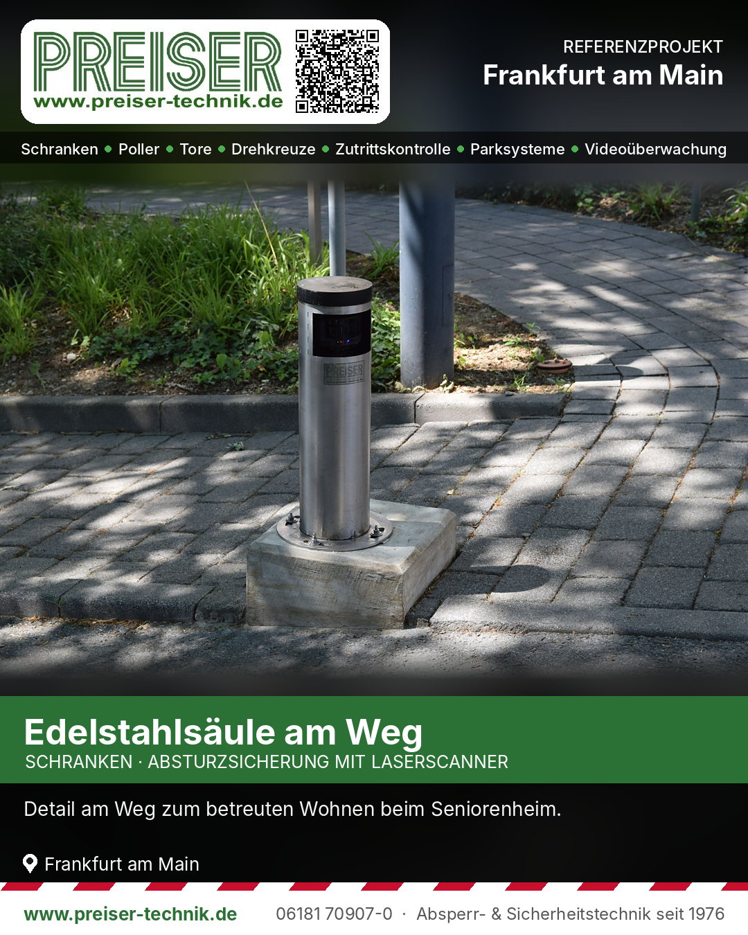 Edelstahlsäule mit Betonsockel am Weg zum betreuten Wohnen