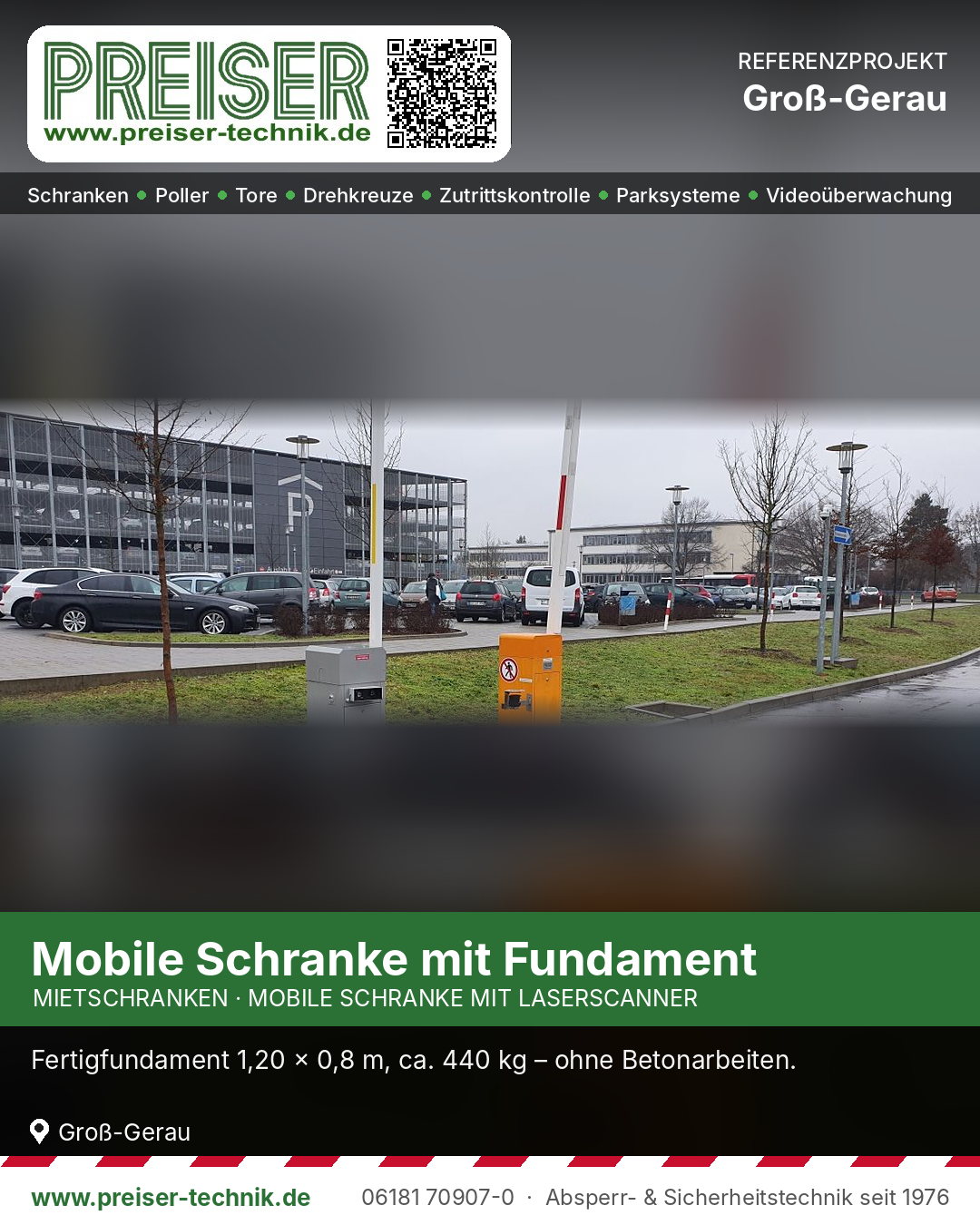 Mobile Schranke auf Fertigfundament und Steuerung neben einer Zufahrt