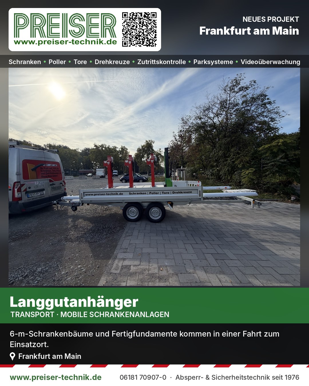 Preiser Langgutanhänger mit Schrankenbäumen und Fundamenten an der Eissporthalle Frankfurt
