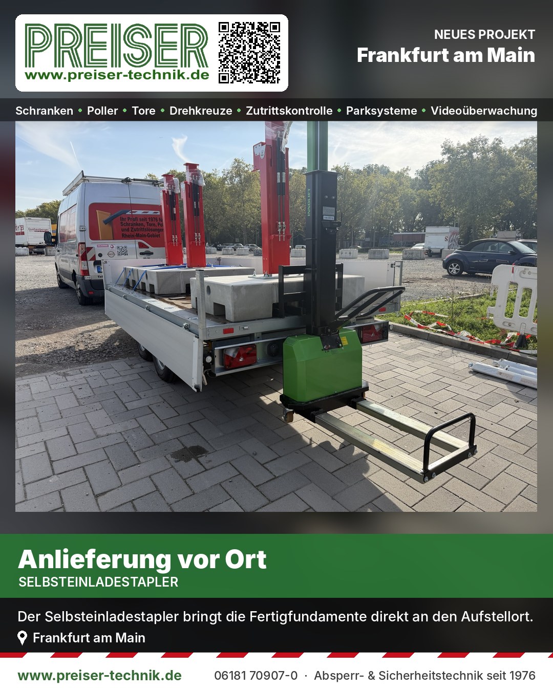 Anlieferung der Fertigfundamente mit dem Selbsteinladestapler
