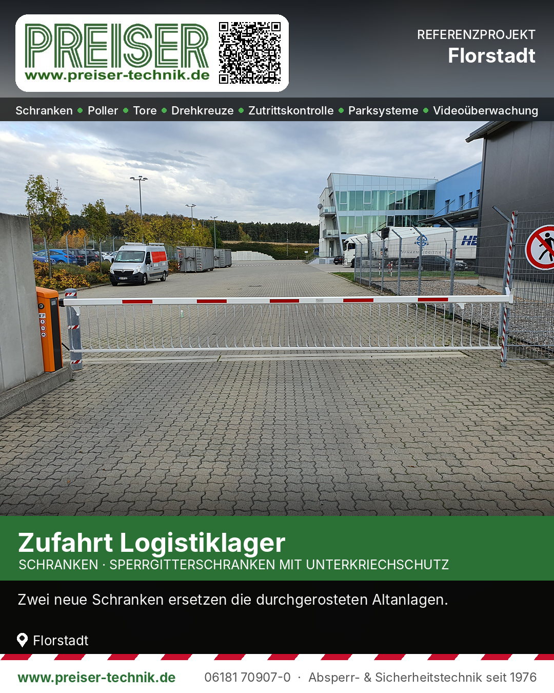 Sperrgitterschranke vor der Zufahrt zum Logistiklager mit Lieferwagen